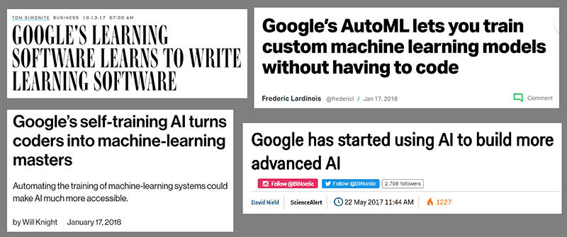 Headlines from just a few of the many, many articles written about Google's AutoML and Neural Architecture Search
